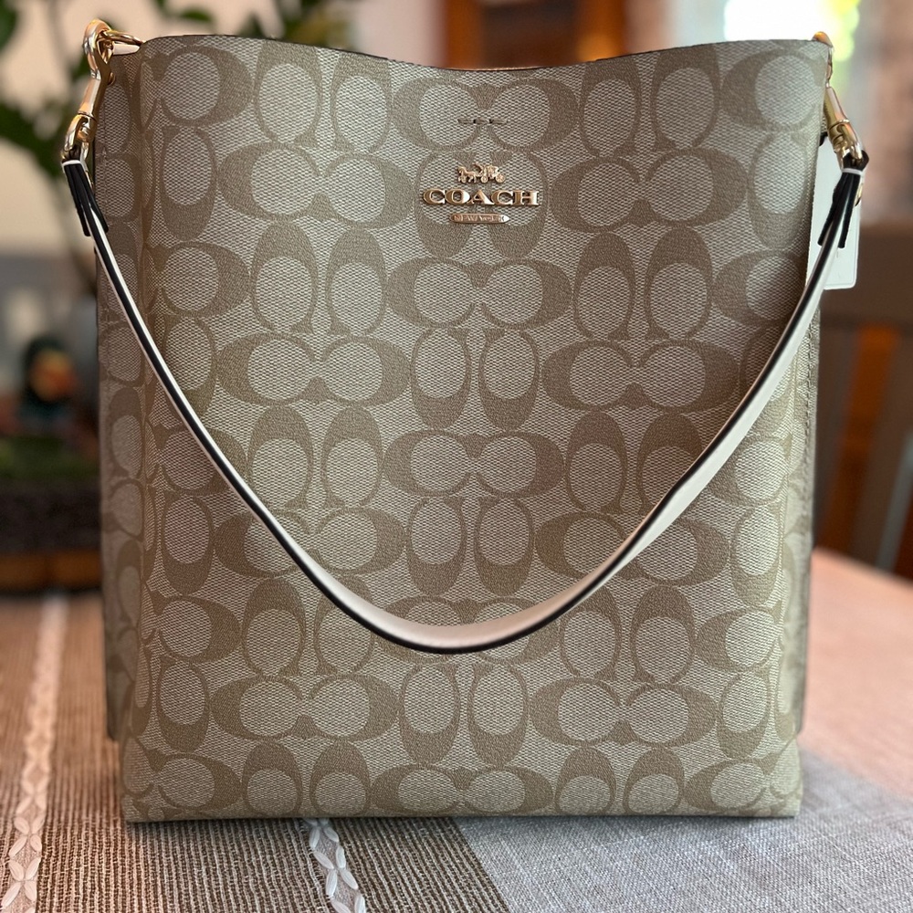Coach Signature Canvas Shoulder Bag Beige Tan Leather Trim Purse